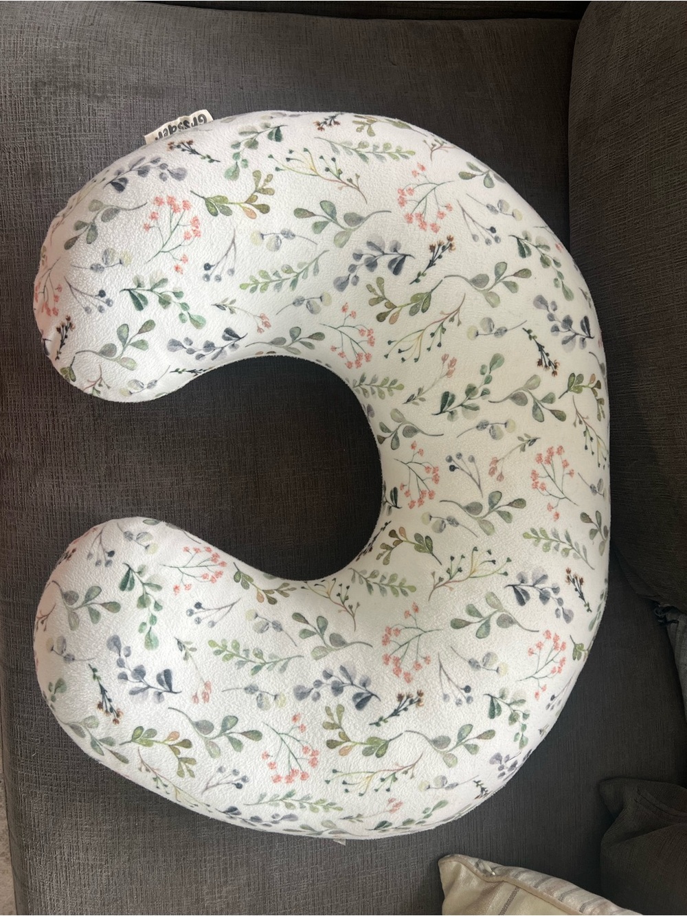 Boppy Nursing / Support Pillow in White with Green & Pink Leaf Print